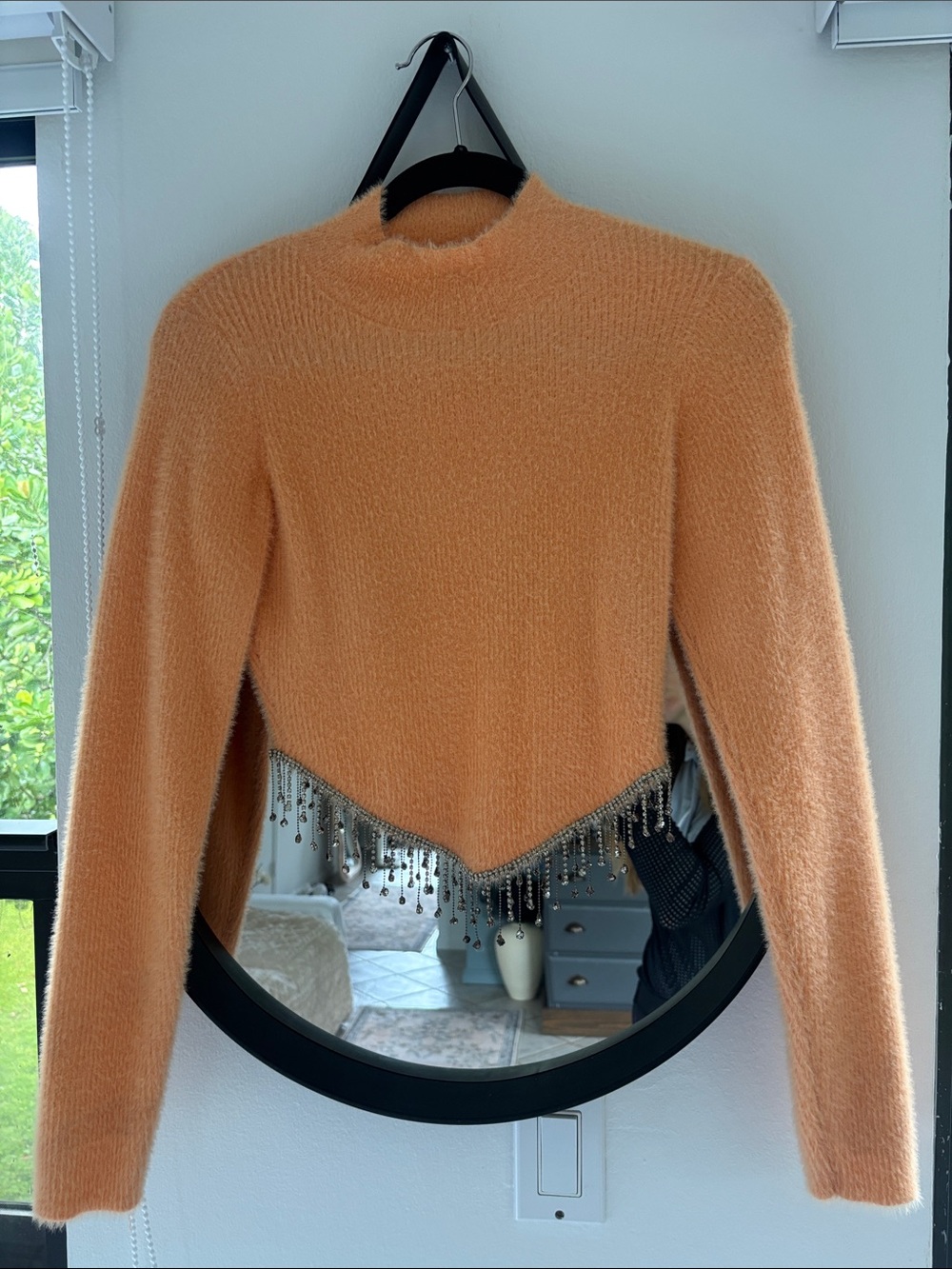 Cozy Peach Beaded-Hem Mock Neck Sweater